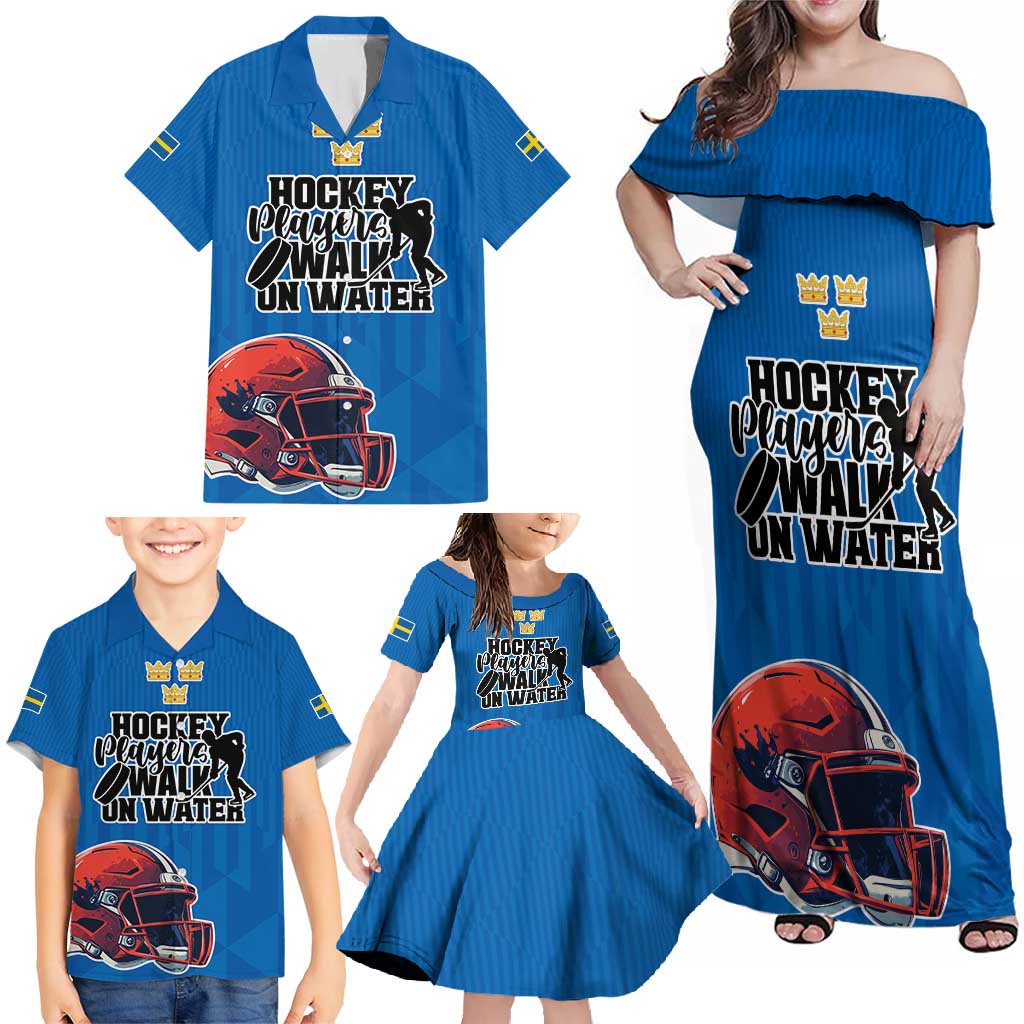 Custom Sweden Ice Hokey Go Champions Family Matching Off Shoulder Maxi Dress and Hawaiian Shirt Blue Style