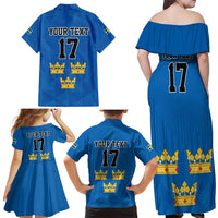 Custom Sweden Ice Hokey Go Champions Family Matching Off Shoulder Maxi Dress and Hawaiian Shirt Blue Style