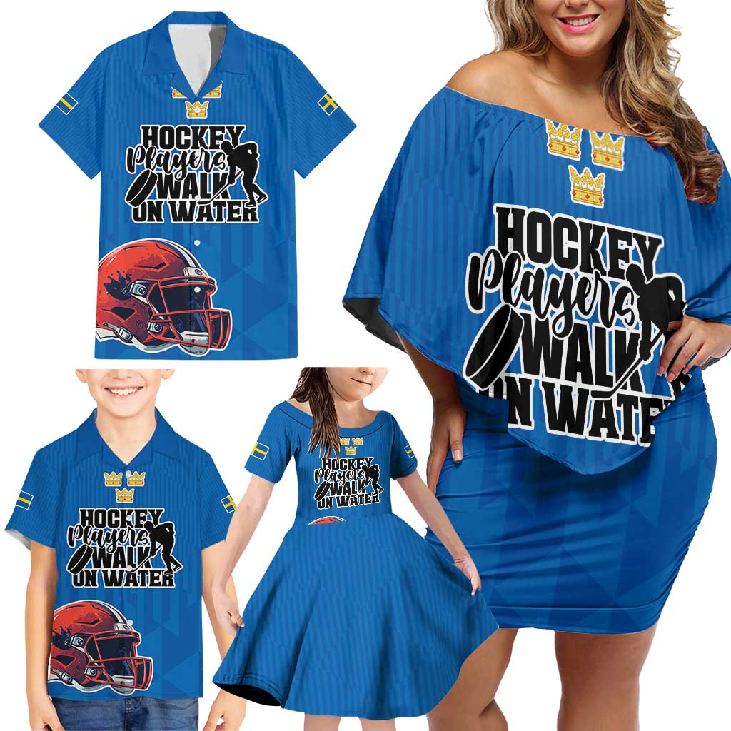 Custom Sweden Ice Hokey Go Champions Family Matching Off Shoulder Short Dress and Hawaiian Shirt Blue Style