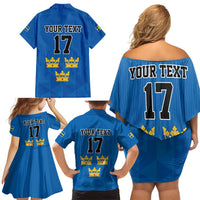 Custom Sweden Ice Hokey Go Champions Family Matching Off Shoulder Short Dress and Hawaiian Shirt Blue Style