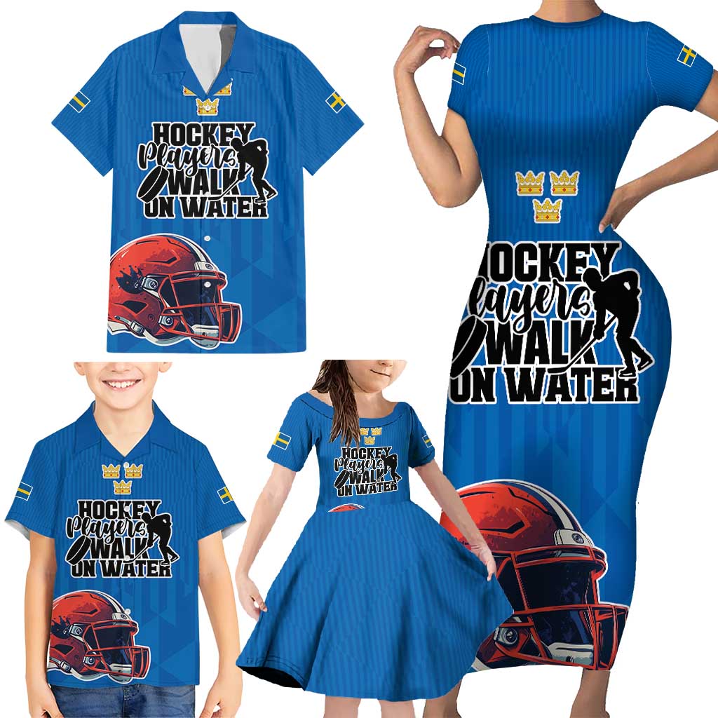 Custom Sweden Ice Hokey Go Champions Family Matching Short Sleeve Bodycon Dress and Hawaiian Shirt Blue Style