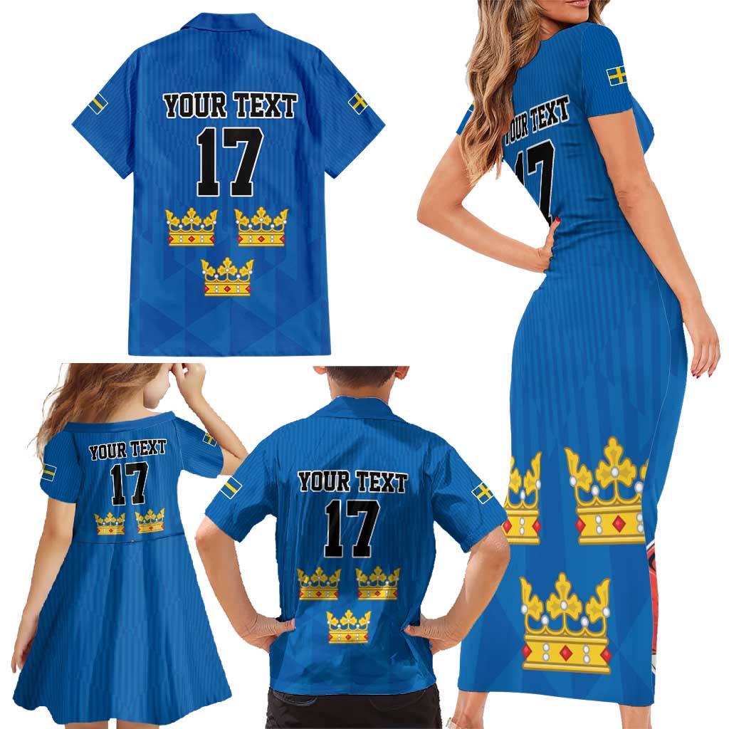 Custom Sweden Ice Hokey Go Champions Family Matching Short Sleeve Bodycon Dress and Hawaiian Shirt Blue Style