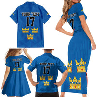 Custom Sweden Ice Hokey Go Champions Family Matching Short Sleeve Bodycon Dress and Hawaiian Shirt Blue Style