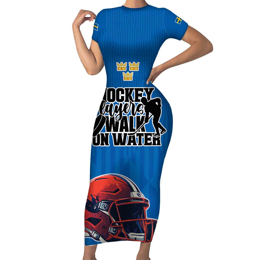 Custom Sweden Ice Hokey Go Champions Family Matching Short Sleeve Bodycon Dress and Hawaiian Shirt Blue Style