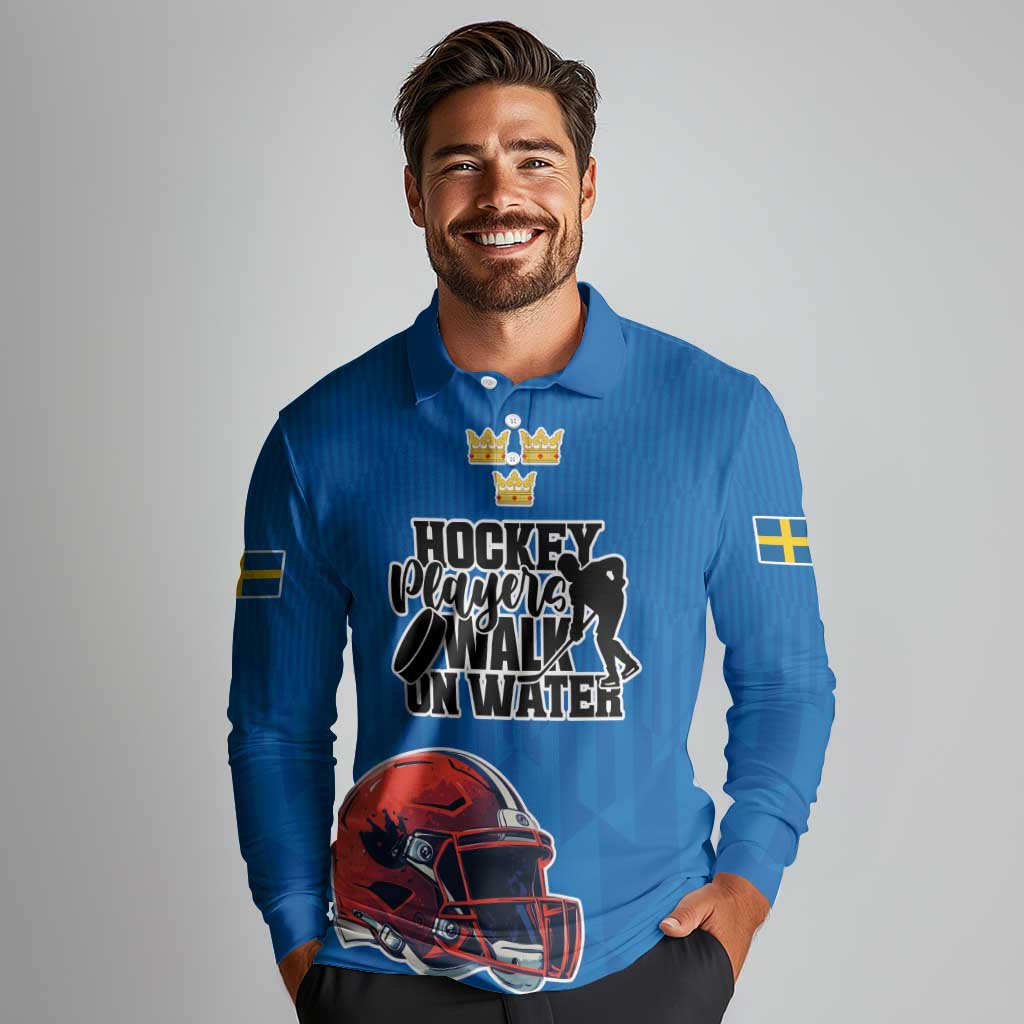 Custom Sweden Ice Hokey Go Champions Long Sleeve Polo Shirt Blue Style