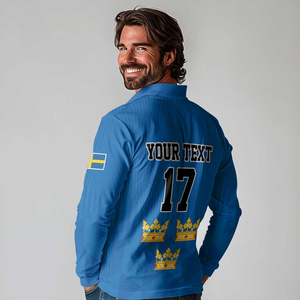 Custom Sweden Ice Hokey Go Champions Long Sleeve Polo Shirt Blue Style