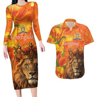Personalized Netherlands Koningsdag Couples Matching Long Sleeve Bodycon Dress and Hawaiian Shirt 27th April Lion with Orange Tulip