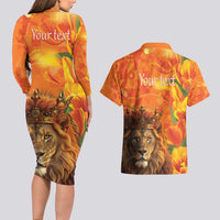 Personalized Netherlands Koningsdag Couples Matching Long Sleeve Bodycon Dress and Hawaiian Shirt 27th April Lion with Orange Tulip
