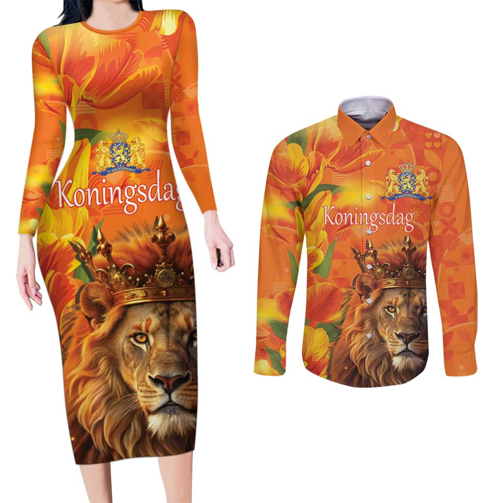 Personalized Netherlands Koningsdag Couples Matching Long Sleeve Bodycon Dress and Long Sleeve Button Shirt 27th April Lion with Orange Tulip