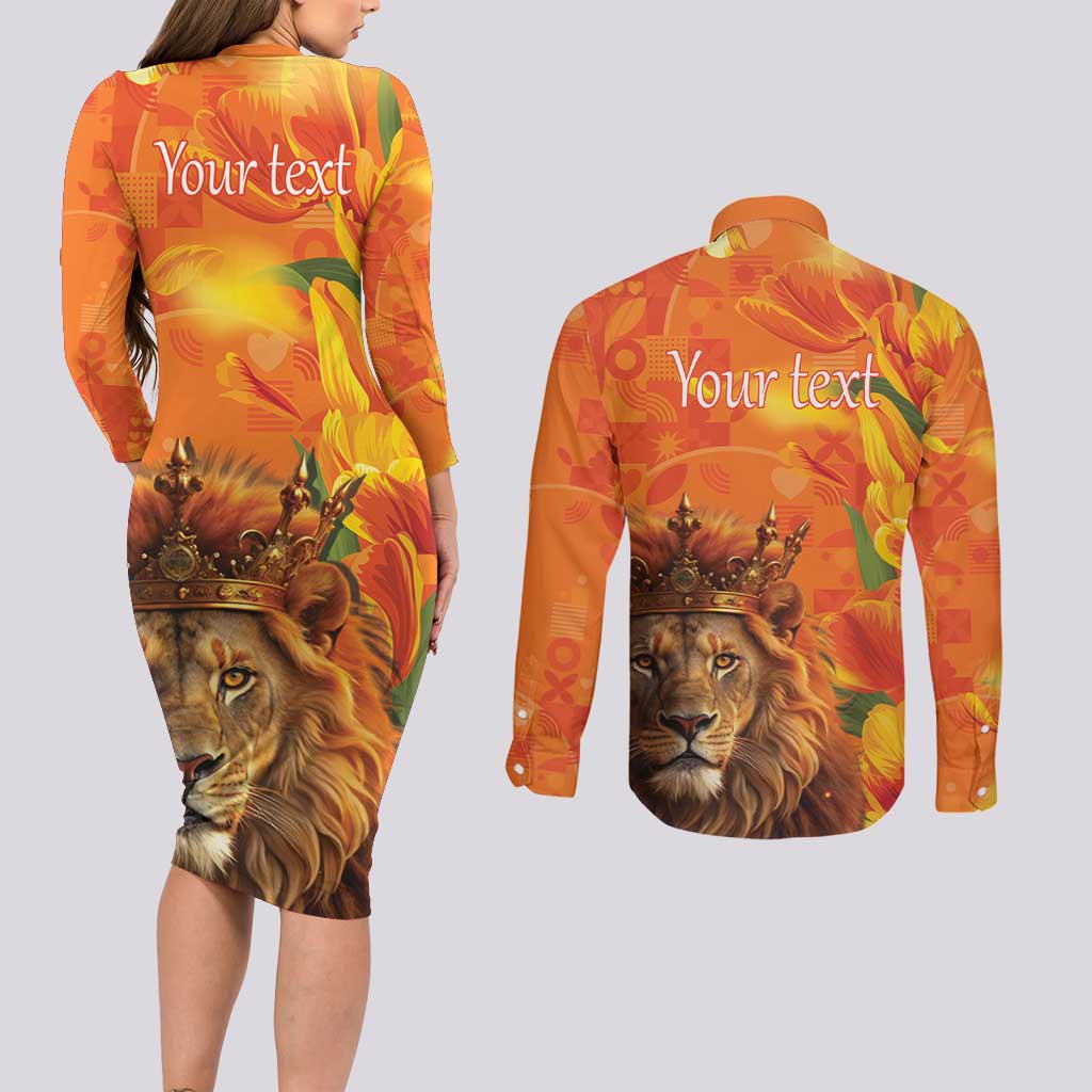 Personalized Netherlands Koningsdag Couples Matching Long Sleeve Bodycon Dress and Long Sleeve Button Shirt 27th April Lion with Orange Tulip