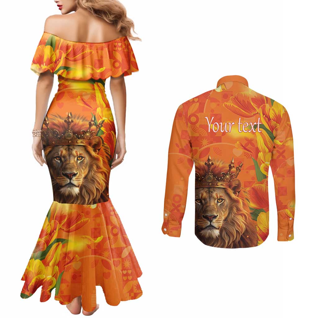 Personalized Netherlands Koningsdag Couples Matching Mermaid Dress and Long Sleeve Button Shirt 27th April Lion with Orange Tulip