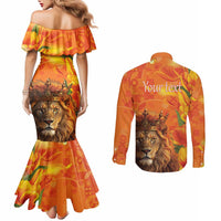 Personalized Netherlands Koningsdag Couples Matching Mermaid Dress and Long Sleeve Button Shirt 27th April Lion with Orange Tulip