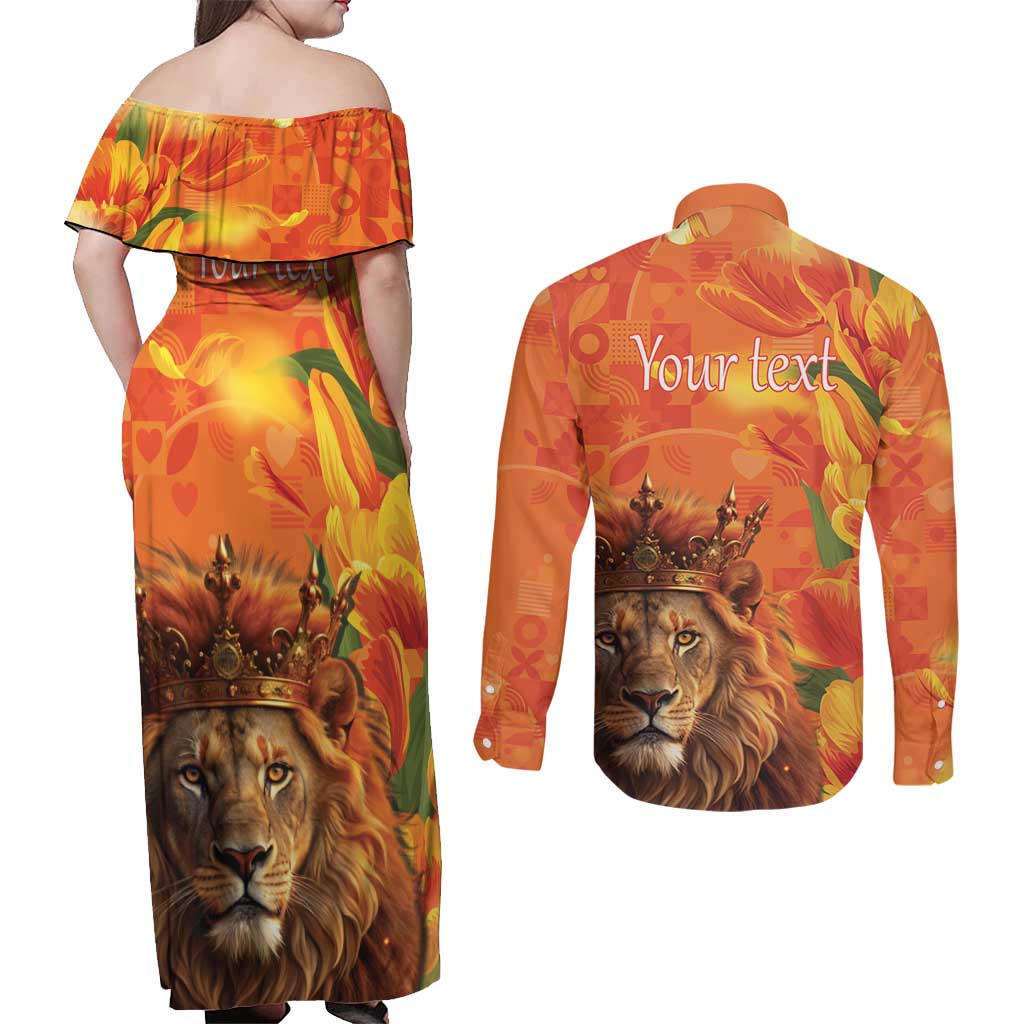 Personalized Netherlands Koningsdag Couples Matching Off Shoulder Maxi Dress and Long Sleeve Button Shirt 27th April Lion with Orange Tulip