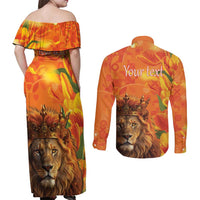 Personalized Netherlands Koningsdag Couples Matching Off Shoulder Maxi Dress and Long Sleeve Button Shirt 27th April Lion with Orange Tulip