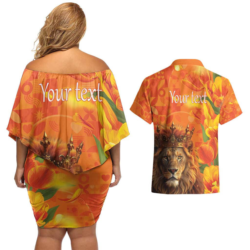 Personalized Netherlands Koningsdag Couples Matching Off Shoulder Short Dress and Hawaiian Shirt 27th April Lion with Orange Tulip