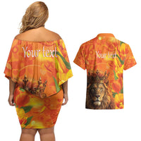 Personalized Netherlands Koningsdag Couples Matching Off Shoulder Short Dress and Hawaiian Shirt 27th April Lion with Orange Tulip