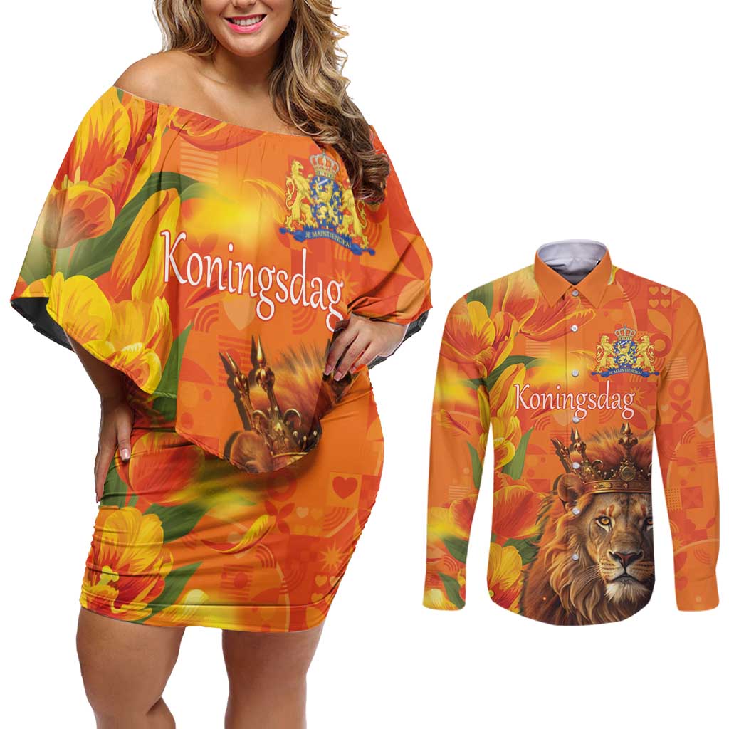 Personalized Netherlands Koningsdag Couples Matching Off Shoulder Short Dress and Long Sleeve Button Shirt 27th April Lion with Orange Tulip