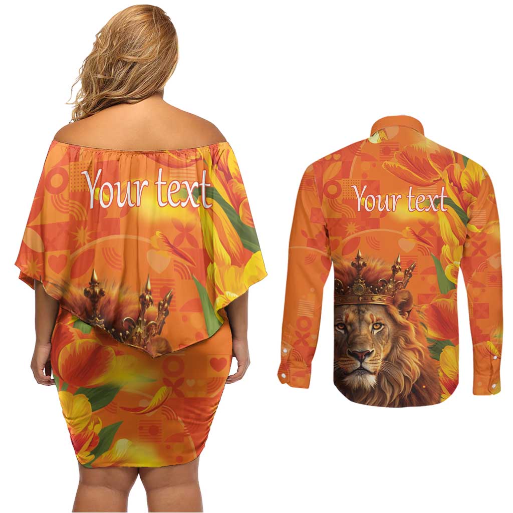 Personalized Netherlands Koningsdag Couples Matching Off Shoulder Short Dress and Long Sleeve Button Shirt 27th April Lion with Orange Tulip