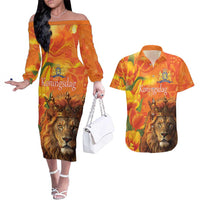 Personalized Netherlands Koningsdag Couples Matching Off The Shoulder Long Sleeve Dress and Hawaiian Shirt 27th April Lion with Orange Tulip