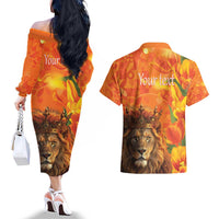 Personalized Netherlands Koningsdag Couples Matching Off The Shoulder Long Sleeve Dress and Hawaiian Shirt 27th April Lion with Orange Tulip