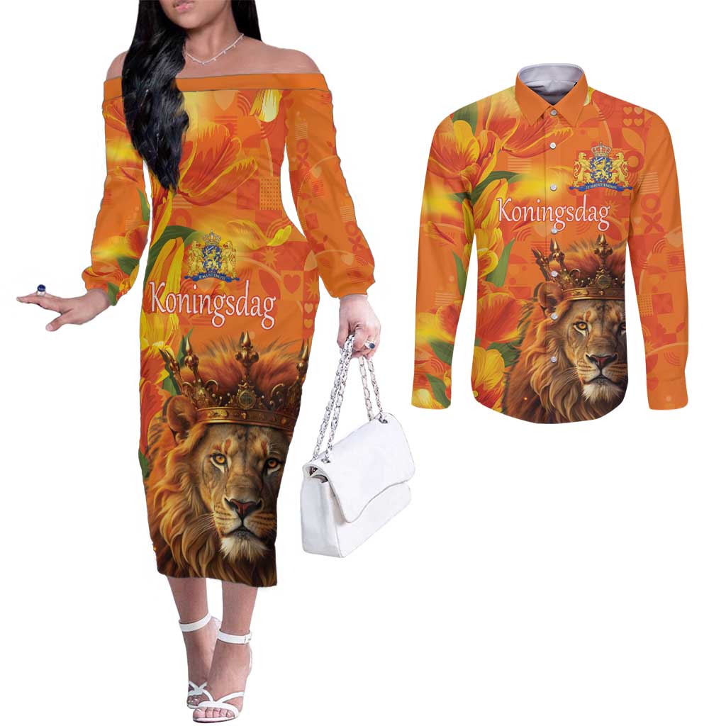 Personalized Netherlands Koningsdag Couples Matching Off The Shoulder Long Sleeve Dress and Long Sleeve Button Shirt 27th April Lion with Orange Tulip