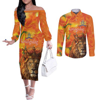 Personalized Netherlands Koningsdag Couples Matching Off The Shoulder Long Sleeve Dress and Long Sleeve Button Shirt 27th April Lion with Orange Tulip