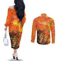 Personalized Netherlands Koningsdag Couples Matching Off The Shoulder Long Sleeve Dress and Long Sleeve Button Shirt 27th April Lion with Orange Tulip