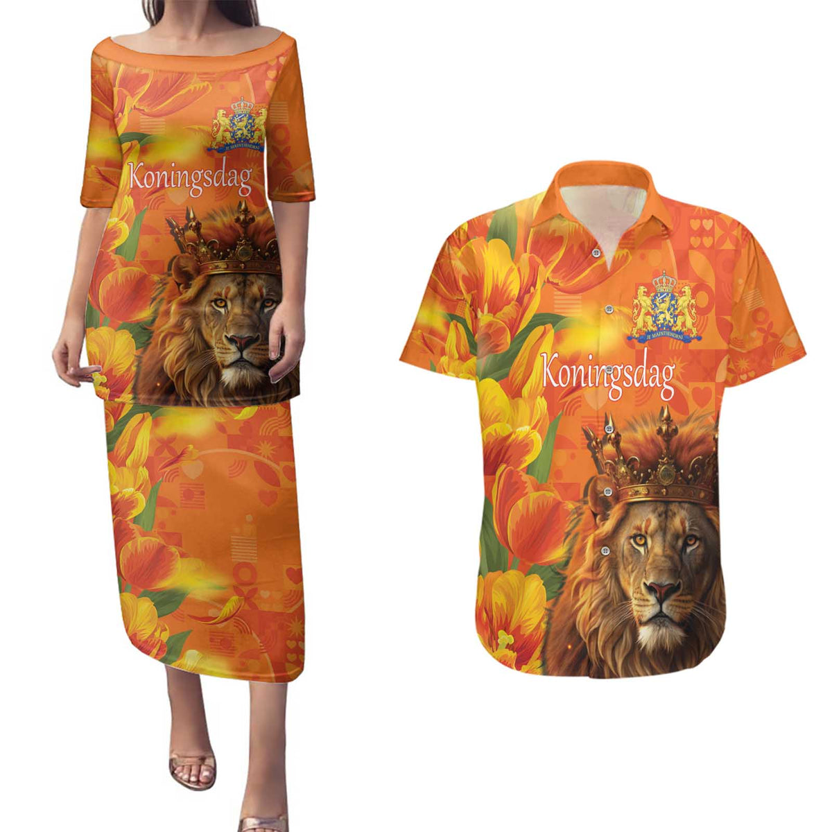 Personalized Netherlands Koningsdag Couples Matching Puletasi and Hawaiian Shirt 27th April Lion with Orange Tulip