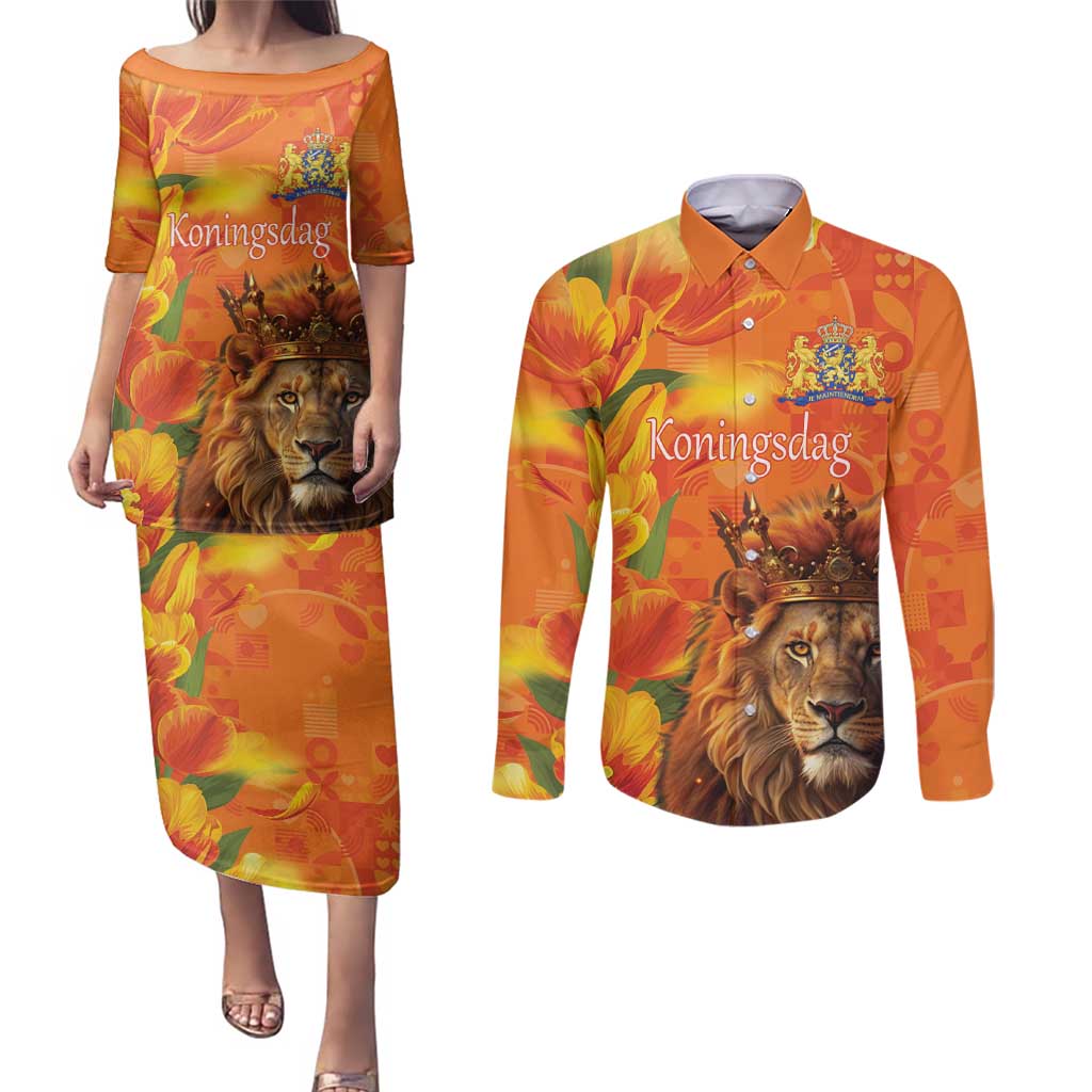 Personalized Netherlands Koningsdag Couples Matching Puletasi and Long Sleeve Button Shirt 27th April Lion with Orange Tulip