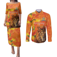 Personalized Netherlands Koningsdag Couples Matching Puletasi and Long Sleeve Button Shirt 27th April Lion with Orange Tulip