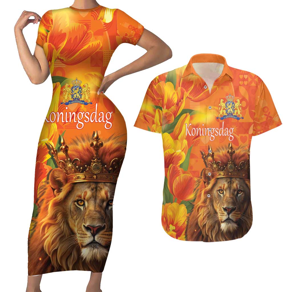 Personalized Netherlands Koningsdag Couples Matching Short Sleeve Bodycon Dress and Hawaiian Shirt 27th April Lion with Orange Tulip