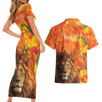 Personalized Netherlands Koningsdag Couples Matching Short Sleeve Bodycon Dress and Hawaiian Shirt 27th April Lion with Orange Tulip