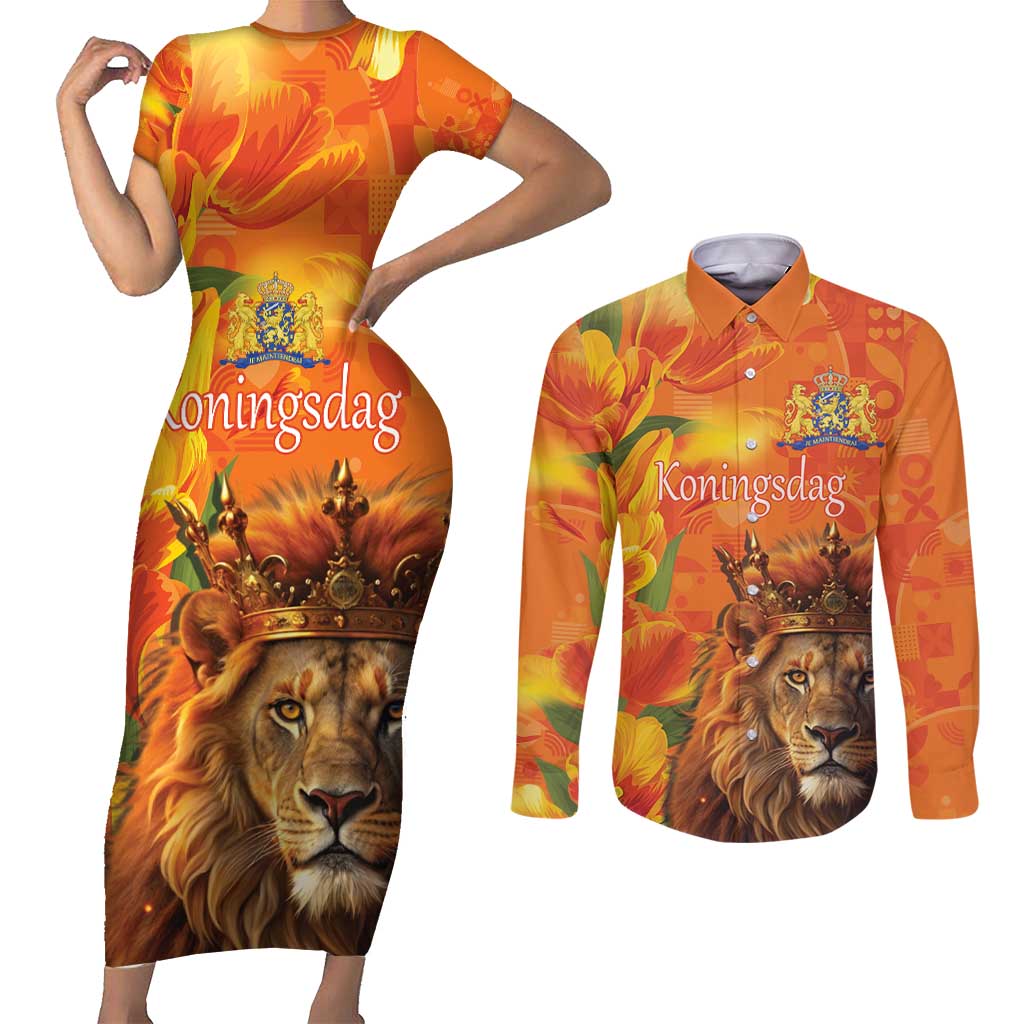 Personalized Netherlands Koningsdag Couples Matching Short Sleeve Bodycon Dress and Long Sleeve Button Shirt 27th April Lion with Orange Tulip