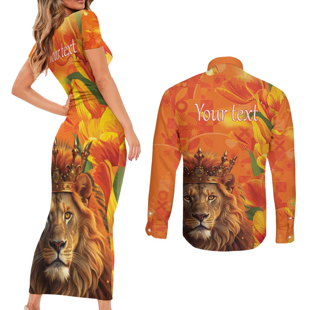 Personalized Netherlands Koningsdag Couples Matching Short Sleeve Bodycon Dress and Long Sleeve Button Shirt 27th April Lion with Orange Tulip