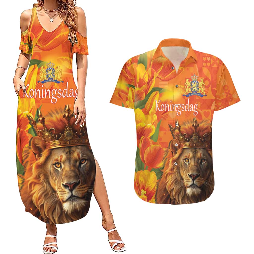 Personalized Netherlands Koningsdag Couples Matching Summer Maxi Dress and Hawaiian Shirt 27th April Lion with Orange Tulip