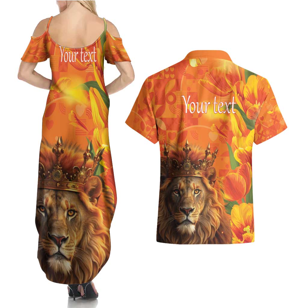 Personalized Netherlands Koningsdag Couples Matching Summer Maxi Dress and Hawaiian Shirt 27th April Lion with Orange Tulip