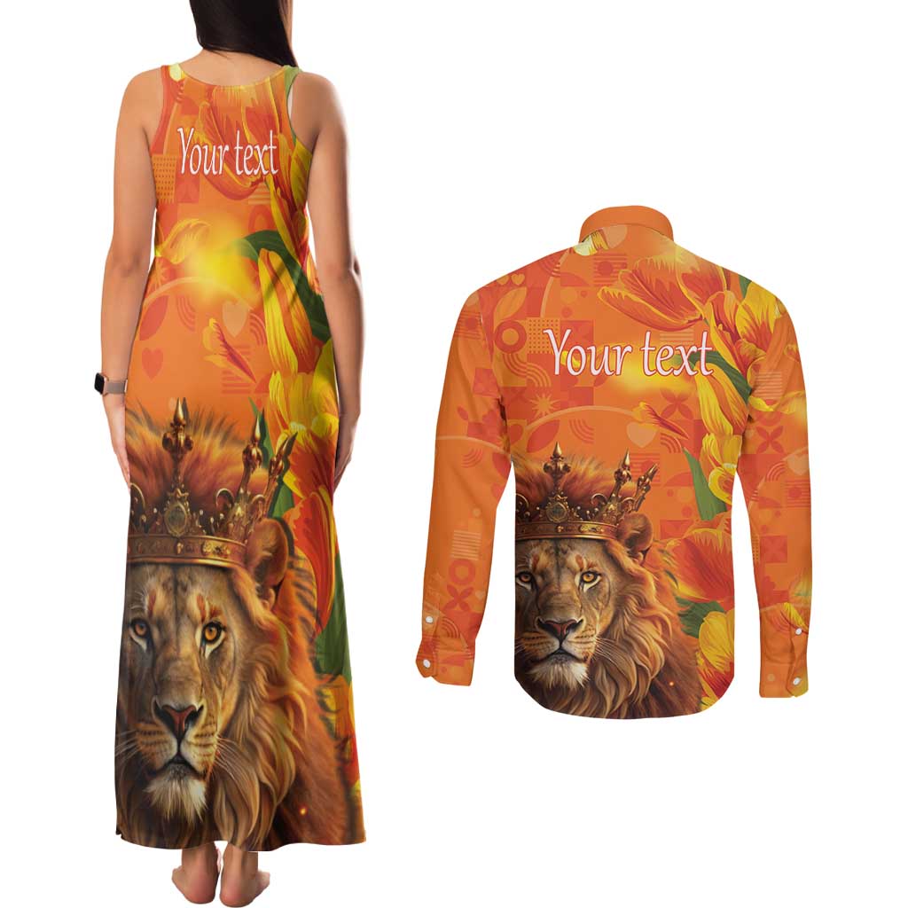 Personalized Netherlands Koningsdag Couples Matching Tank Maxi Dress and Long Sleeve Button Shirt 27th April Lion with Orange Tulip