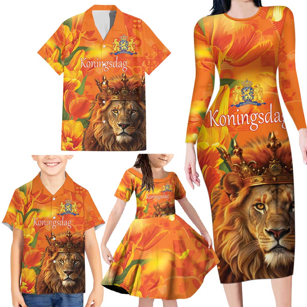 Personalized Netherlands Koningsdag Family Matching Long Sleeve Bodycon Dress and Hawaiian Shirt 27th April Lion with Orange Tulip