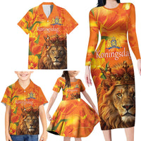 Personalized Netherlands Koningsdag Family Matching Long Sleeve Bodycon Dress and Hawaiian Shirt 27th April Lion with Orange Tulip
