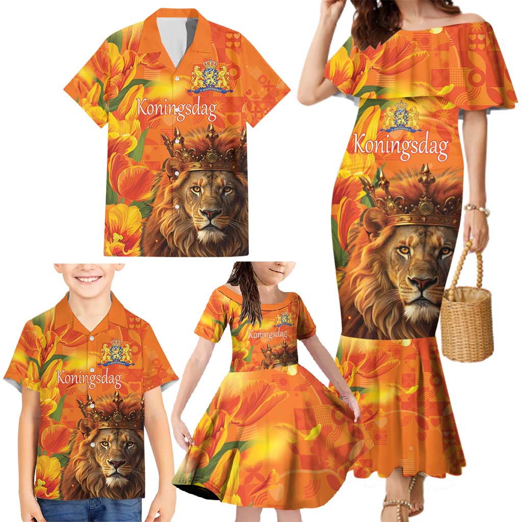 Personalized Netherlands Koningsdag Family Matching Mermaid Dress and Hawaiian Shirt 27th April Lion with Orange Tulip