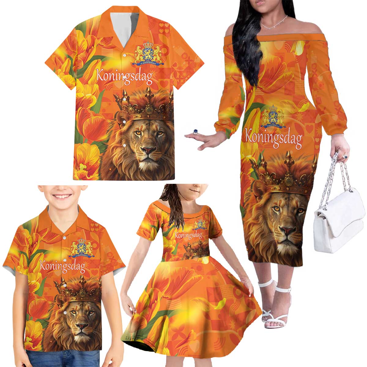Personalized Netherlands Koningsdag Family Matching Off The Shoulder Long Sleeve Dress and Hawaiian Shirt 27th April Lion with Orange Tulip