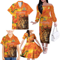 Personalized Netherlands Koningsdag Family Matching Off The Shoulder Long Sleeve Dress and Hawaiian Shirt 27th April Lion with Orange Tulip