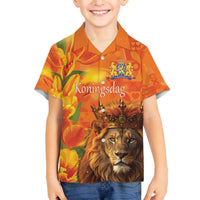 Personalized Netherlands Koningsdag Family Matching Off The Shoulder Long Sleeve Dress and Hawaiian Shirt 27th April Lion with Orange Tulip
