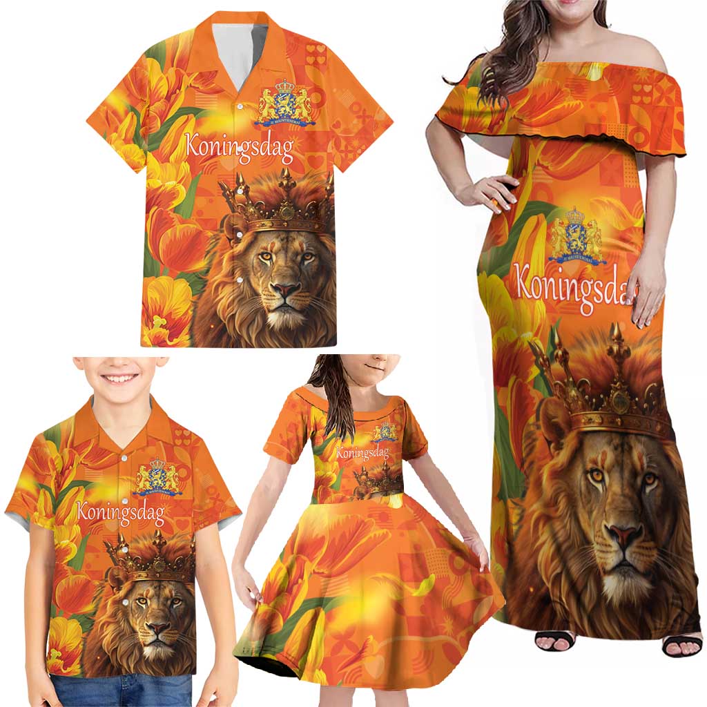 Personalized Netherlands Koningsdag Family Matching Off Shoulder Maxi Dress and Hawaiian Shirt 27th April Lion with Orange Tulip