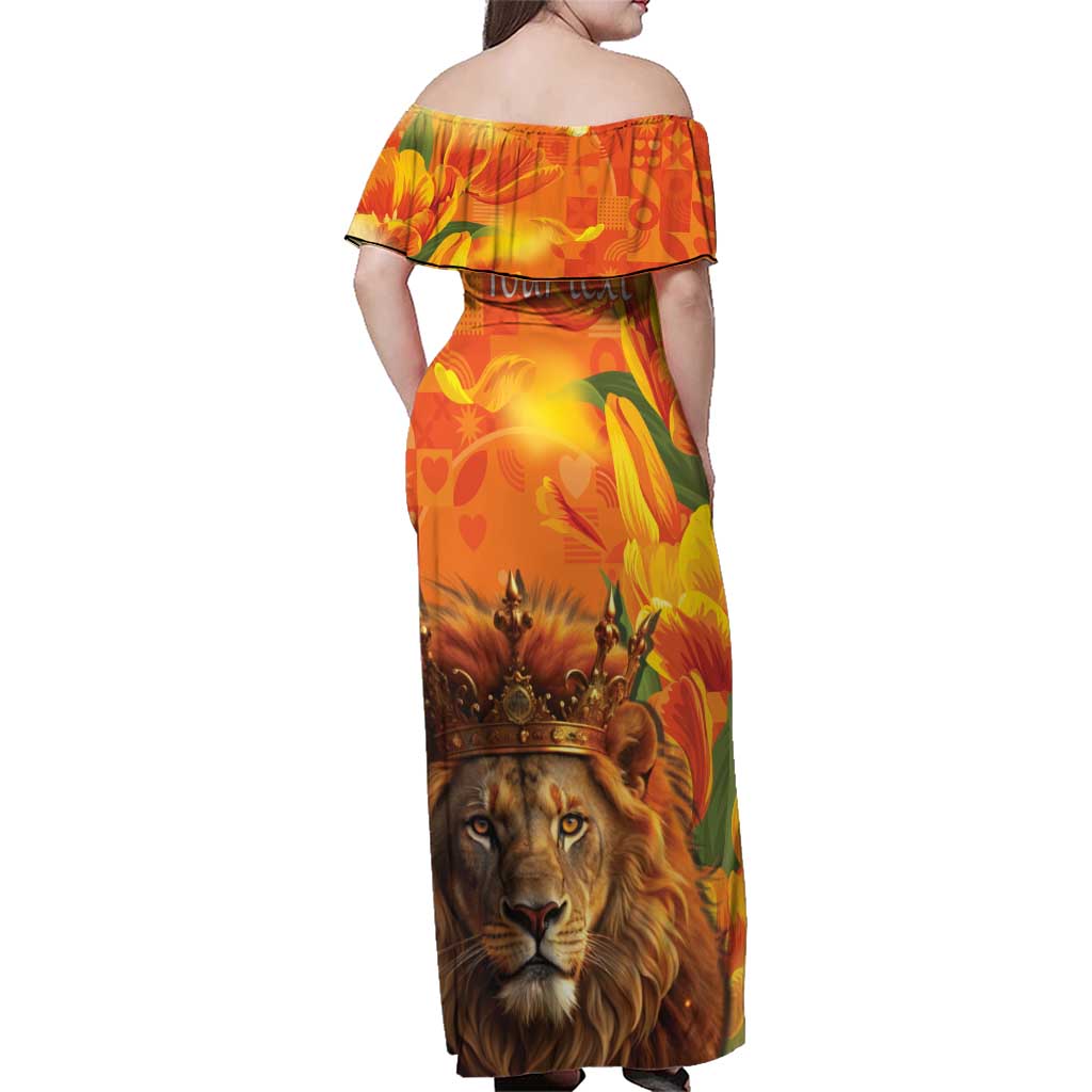 Personalized Netherlands Koningsdag Family Matching Off Shoulder Maxi Dress and Hawaiian Shirt 27th April Lion with Orange Tulip