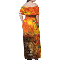 Personalized Netherlands Koningsdag Family Matching Off Shoulder Maxi Dress and Hawaiian Shirt 27th April Lion with Orange Tulip