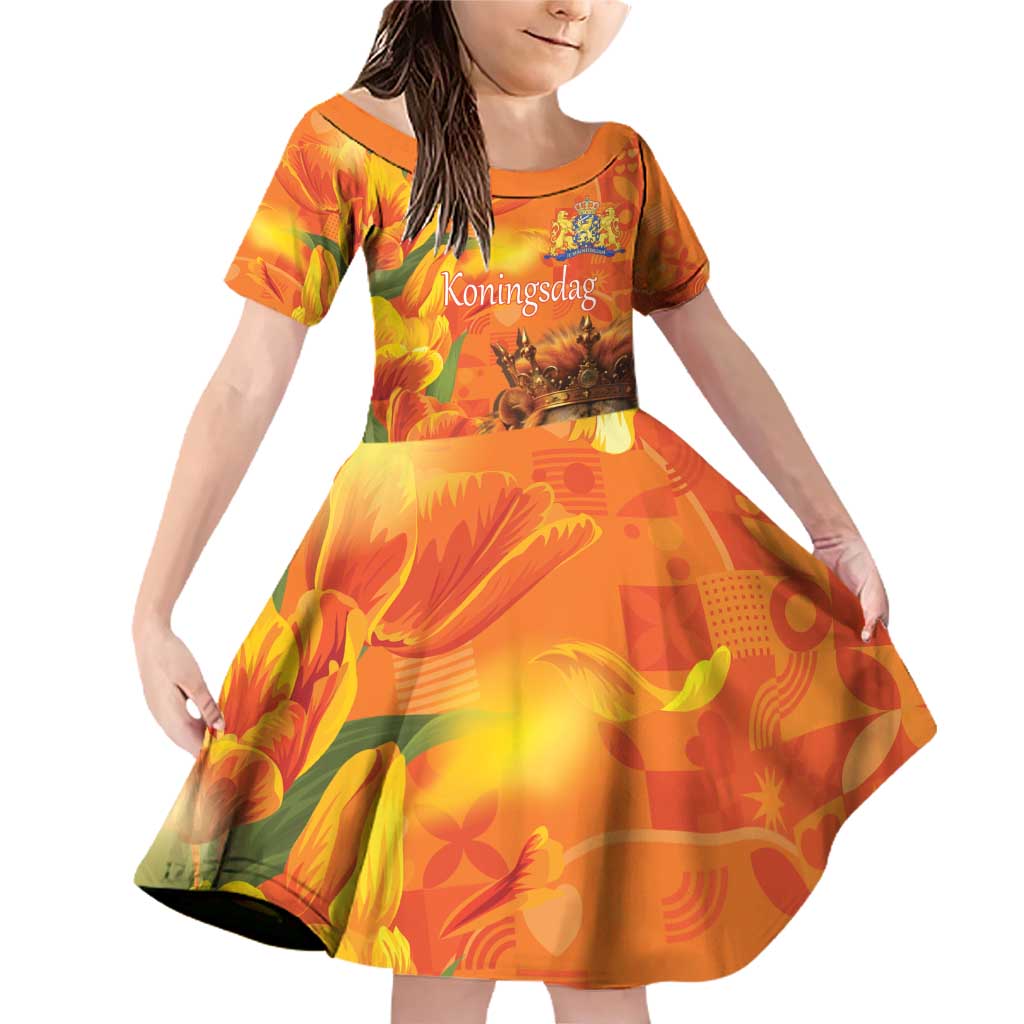 Personalized Netherlands Koningsdag Family Matching Off Shoulder Short Dress and Hawaiian Shirt 27th April Lion with Orange Tulip