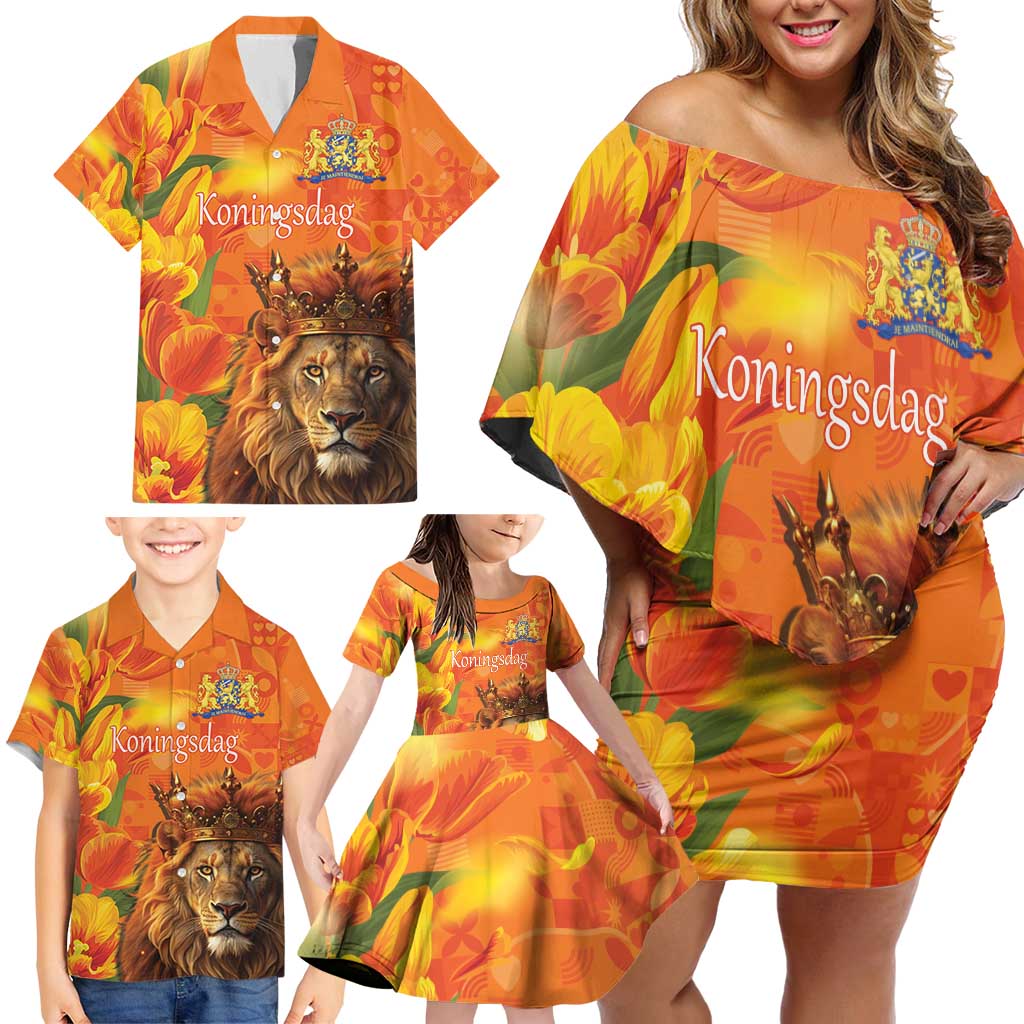 Personalized Netherlands Koningsdag Family Matching Off Shoulder Short Dress and Hawaiian Shirt 27th April Lion with Orange Tulip
