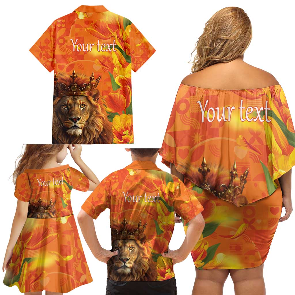 Personalized Netherlands Koningsdag Family Matching Off Shoulder Short Dress and Hawaiian Shirt 27th April Lion with Orange Tulip