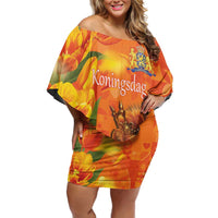 Personalized Netherlands Koningsdag Family Matching Off Shoulder Short Dress and Hawaiian Shirt 27th April Lion with Orange Tulip